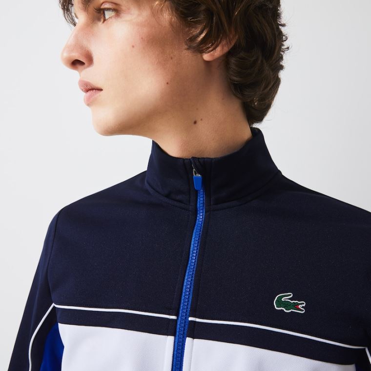 Lacoste SPORT Resistant Colourblock Piqué Zip Sweatshirt Lacivert Mavi Mavi Beyaz Mavi | tnng4Oll