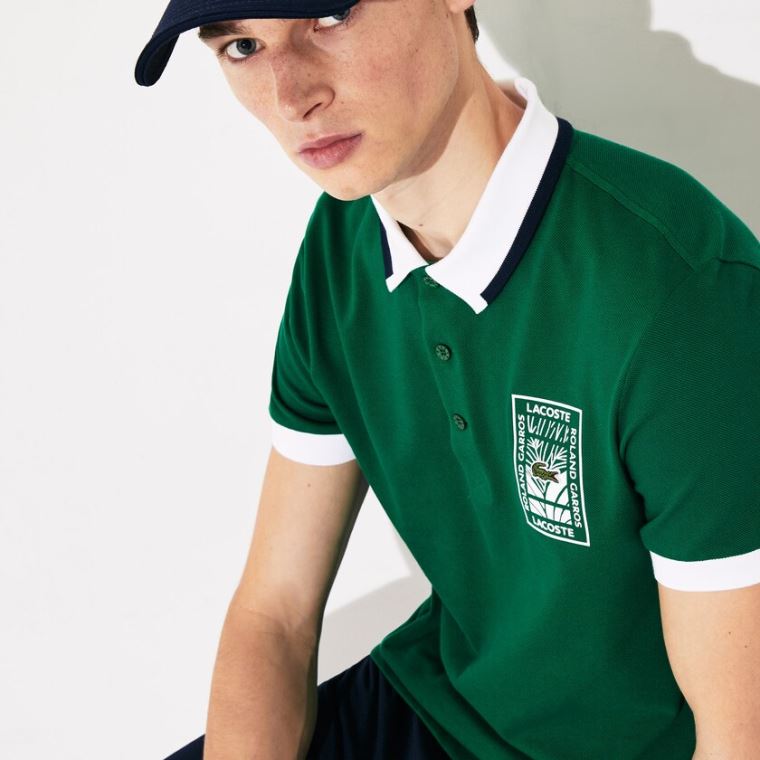 Lacoste SPORT Roland Garros Plant-Print Pamuklu Polo Shirt Yeşil Beyaz Lacivert Mavi | EFDVLTDw