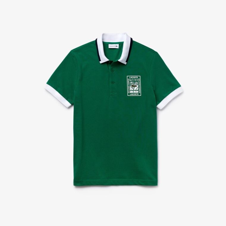 Lacoste SPORT Roland Garros Plant-Print Pamuklu Polo Shirt Yeşil Beyaz Lacivert Mavi | EFDVLTDw