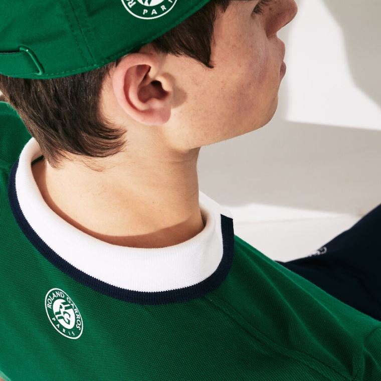 Lacoste SPORT Roland Garros Plant-Print Pamuklu Polo Shirt Yeşil Beyaz Lacivert Mavi | EFDVLTDw