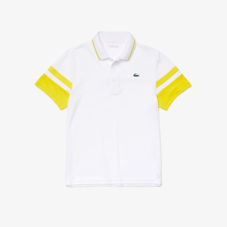 Lacoste SPORT Striped-Sleeve Nefes Alabilir Piqué Tenis Polo Shirt Beyaz Sarı | HQtV81Ch