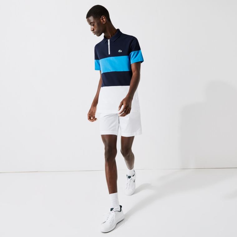 Lacoste SPORT Striped Stretch Piqué Zip-Up Golf Polo Shirt Lacivert Mavi Mavi Beyaz | 2zeFaLna