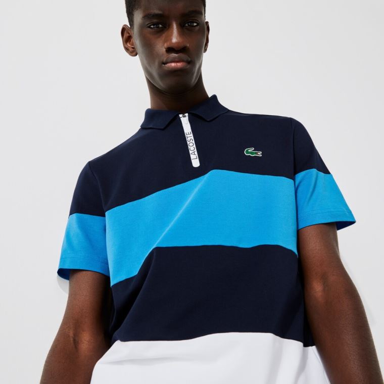 Lacoste SPORT Striped Stretch Piqué Zip-Up Golf Polo Shirt Lacivert Mavi Mavi Beyaz | 2zeFaLna