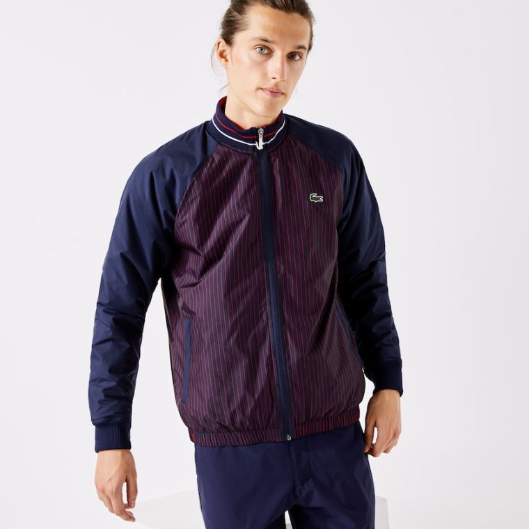 Lacoste SPORT Su-Resistant Striped Zip Golf Jacket Lacivert Mavi Kırmızı Beyaz | MUCPf5iF