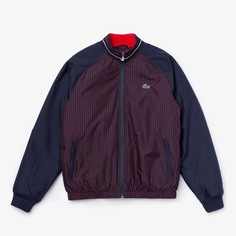 Lacoste SPORT Su-Resistant Striped Zip Golf Jacket Lacivert Mavi Kırmızı Beyaz | MUCPf5iF