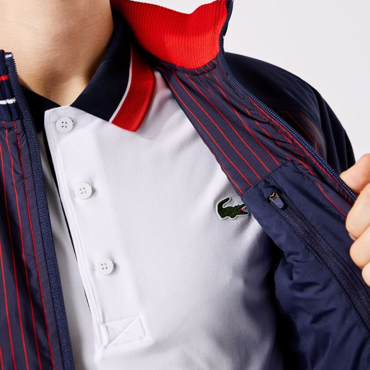 Lacoste SPORT Su-Resistant Striped Zip Golf Jacket Lacivert Mavi Kırmızı Beyaz | MUCPf5iF