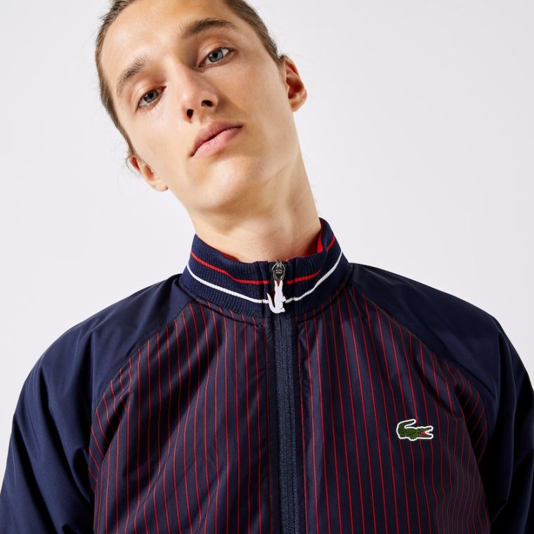 Lacoste SPORT Su-Resistant Striped Zip Golf Jacket Lacivert Mavi Kırmızı Beyaz | MUCPf5iF