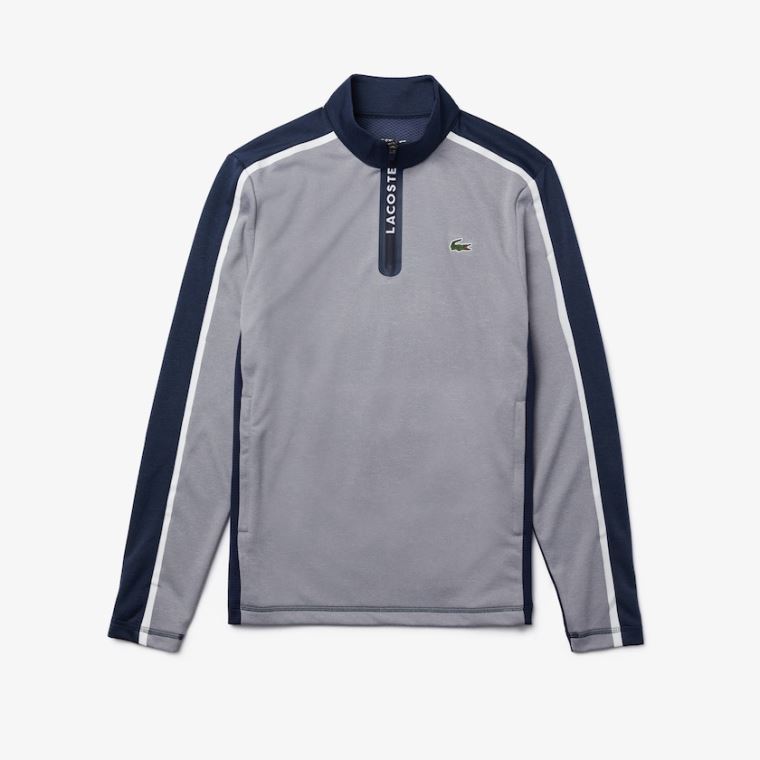 Lacoste SPORT Zip Stand-Up Collar Stretch Golf Sweatshirt Gri Lacivert Mavi Beyaz | Ok4uzt5m