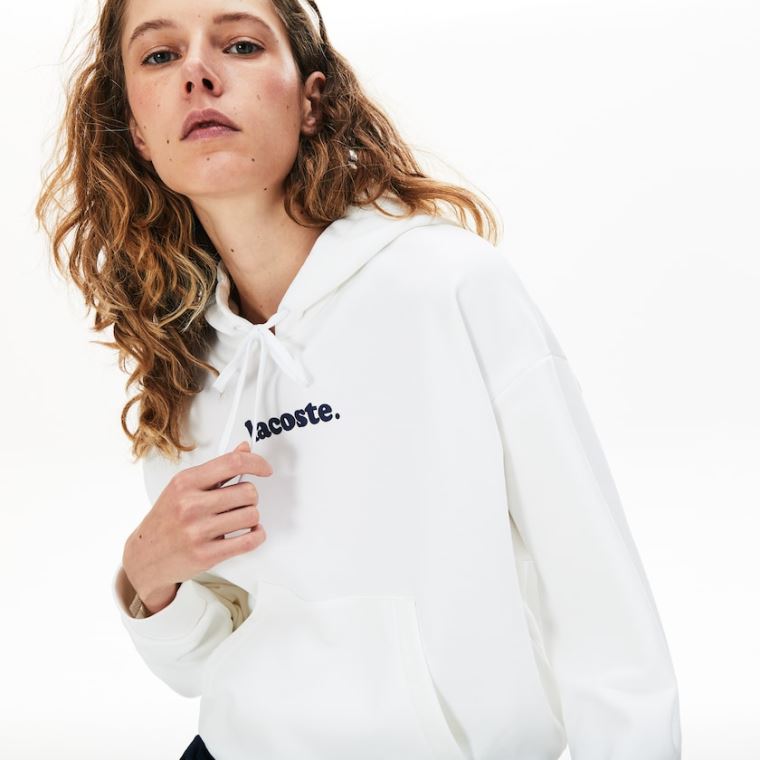 Lacoste Signature Geniş Kukuletalı Fleece Sweatshirt Beyaz | ySK7FVvA