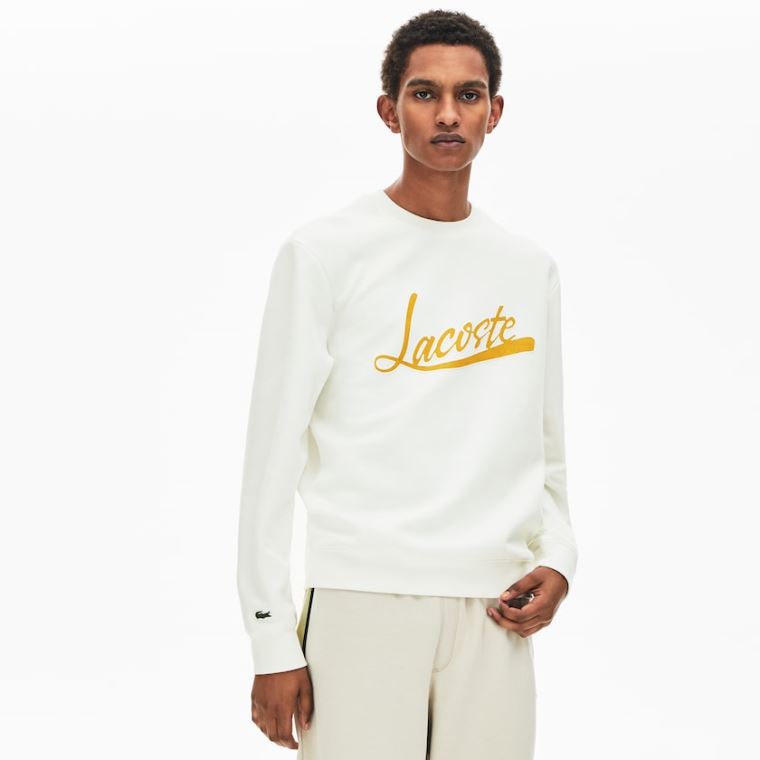 Lacoste Signature Print Crew Neck Sweatshirt Beyaz | TEL7xr8o