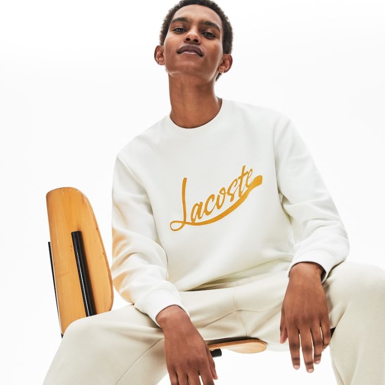 Lacoste Signature Print Crew Neck Sweatshirt Beyaz | TEL7xr8o