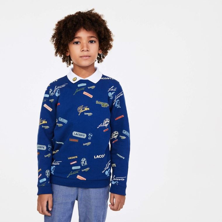 Lacoste Signature Print Pamuklu Fleece Sweatshirt Mavi Beyaz | 2yW4bDAb