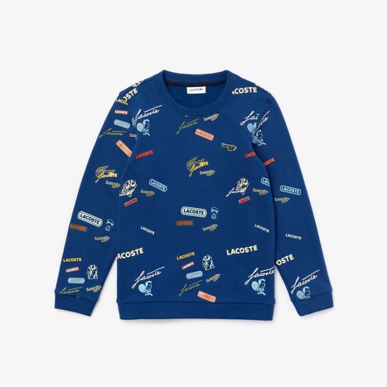 Lacoste Signature Print Pamuklu Fleece Sweatshirt Mavi Beyaz | 2yW4bDAb