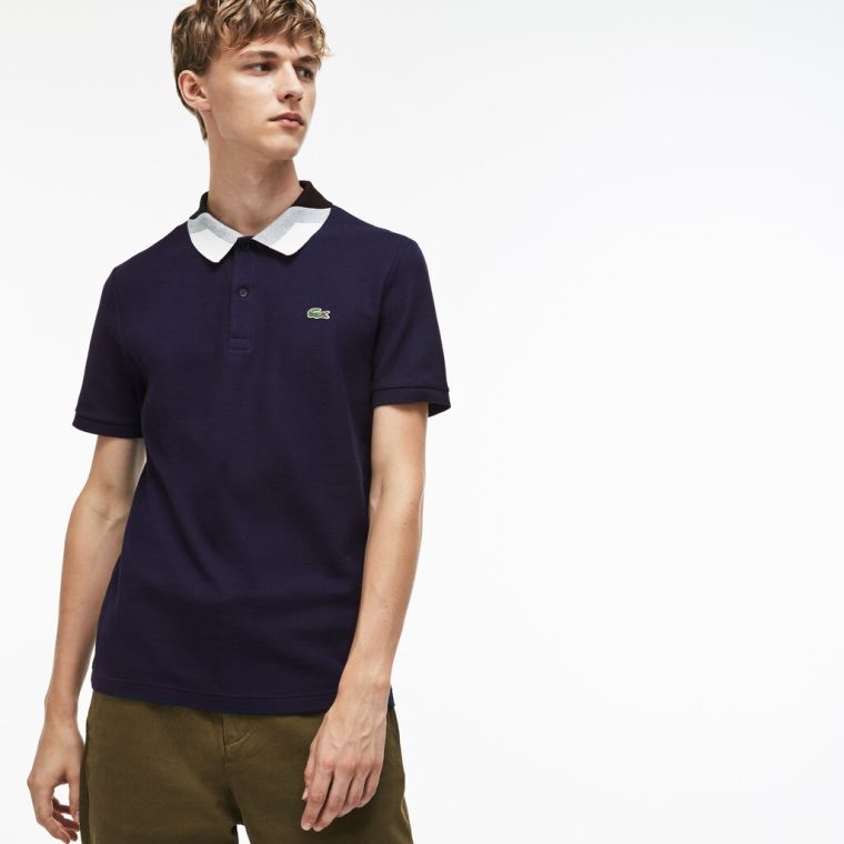 Lacoste Slim Fit Colourblock Striped Knop Piqué Polo Shirt Lacivert Mavi | lU6YvguL