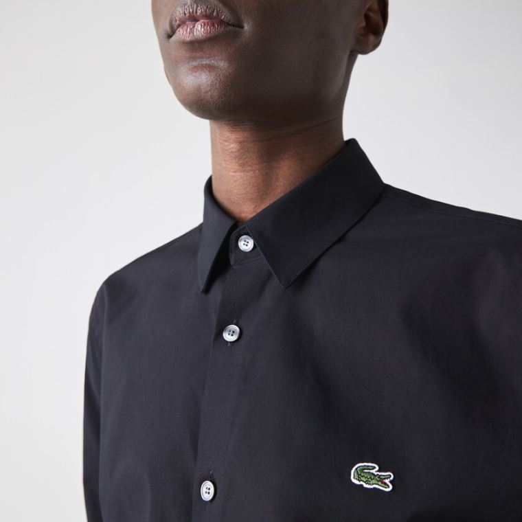 Lacoste Slim Fit Stretch Pamuklu Poplin Shirt Siyah | 4ChXxWfX