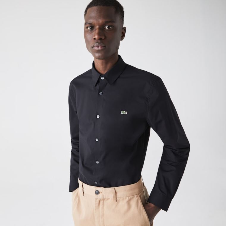 Lacoste Slim Fit Stretch Pamuklu Poplin Shirt Siyah | 4ChXxWfX