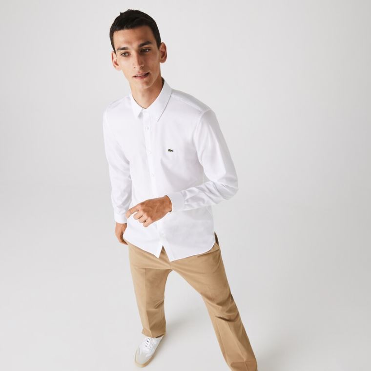 Lacoste Slim Fit Stretch Pamuklu Poplin Shirt Beyaz | aQjkaN59