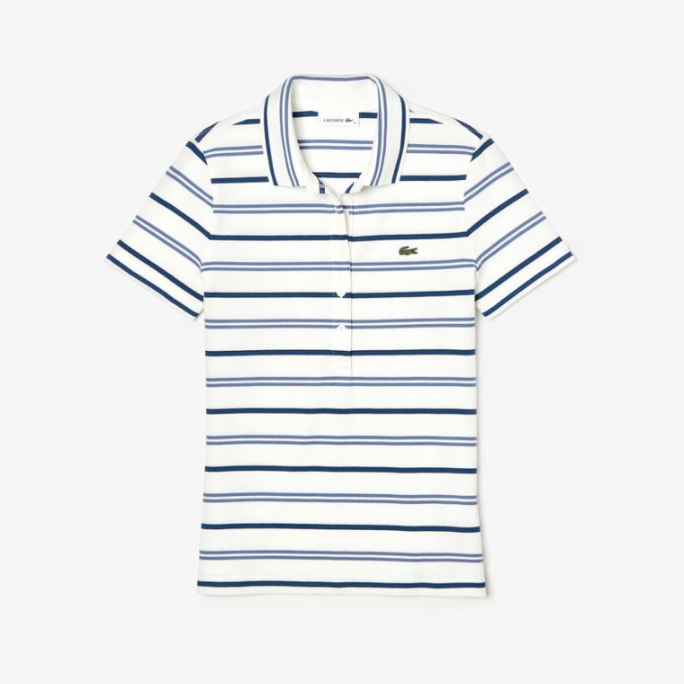 Lacoste Slim Fit Striped Stretch Piqué Polo Shirt Beyaz Mavi Lacivert Mavi | PXfmXZuk