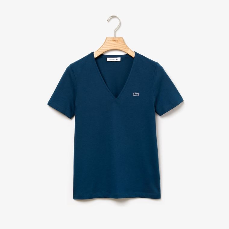 Lacoste Slim Fit V-Neck Pamuklu Jersey T-shirt Mavi | tBDNqxbY