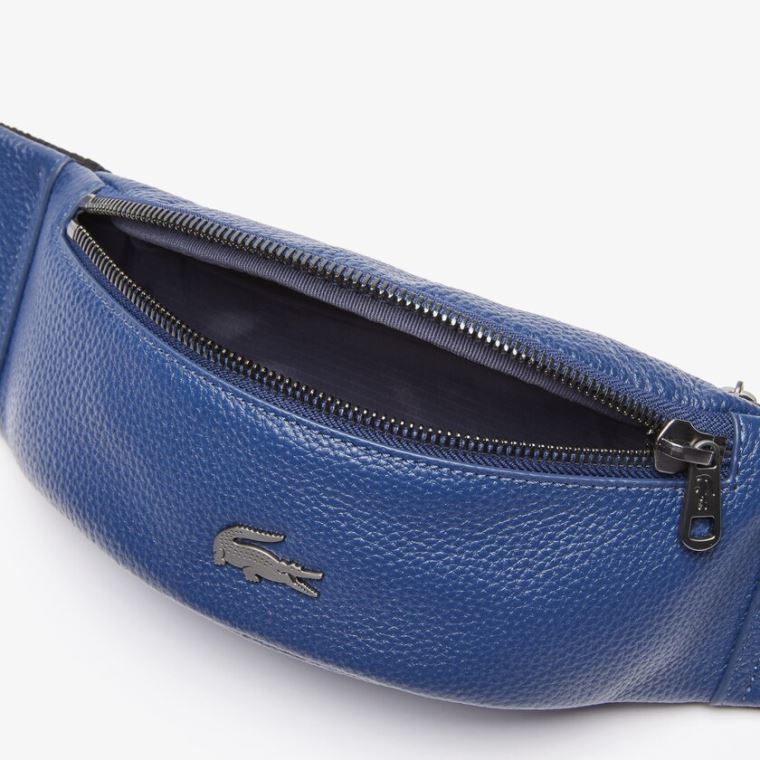 Lacoste Soft Mate Matte Full-Grain Deri Zippered Fanny Pack Koyu Mavi | YmcqjawC