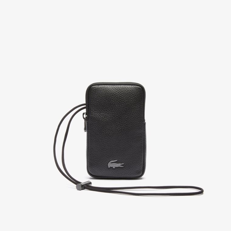 Lacoste Soft Mate Matte Full-Grain Deri Necklace Phone Wallet Siyah | dfMsku27