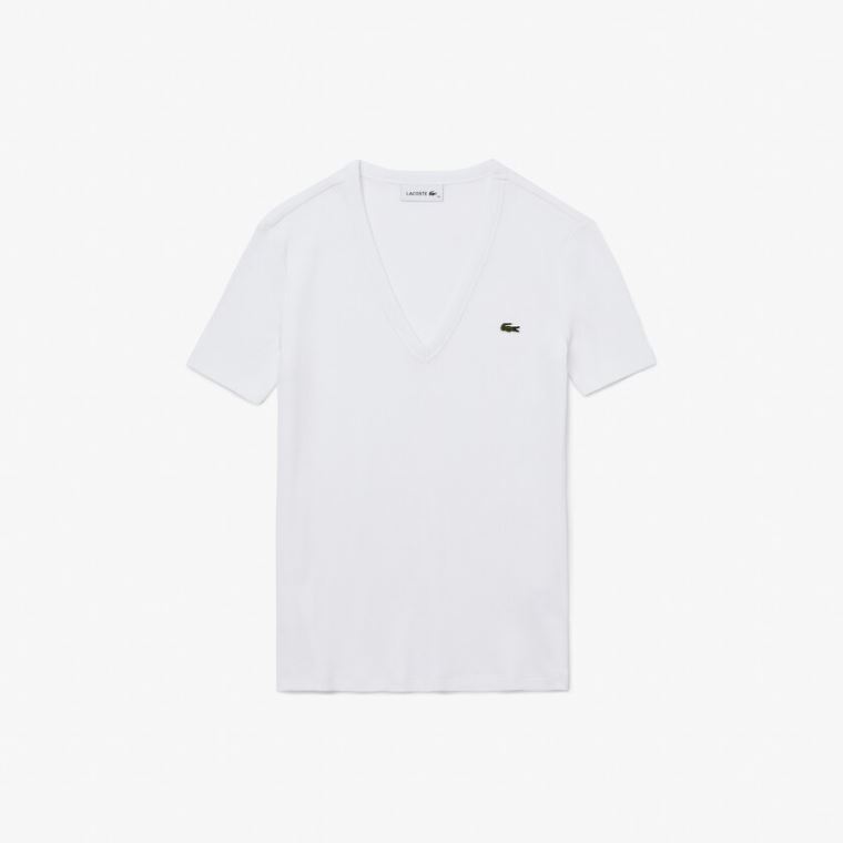 Lacoste Soft Pamuklu V-Neck T-shirt Beyaz | QK32nUbS