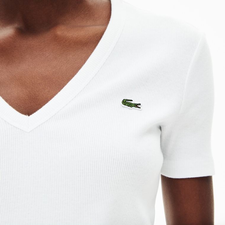 Lacoste Soft Pamuklu V-Neck T-shirt Beyaz | QK32nUbS