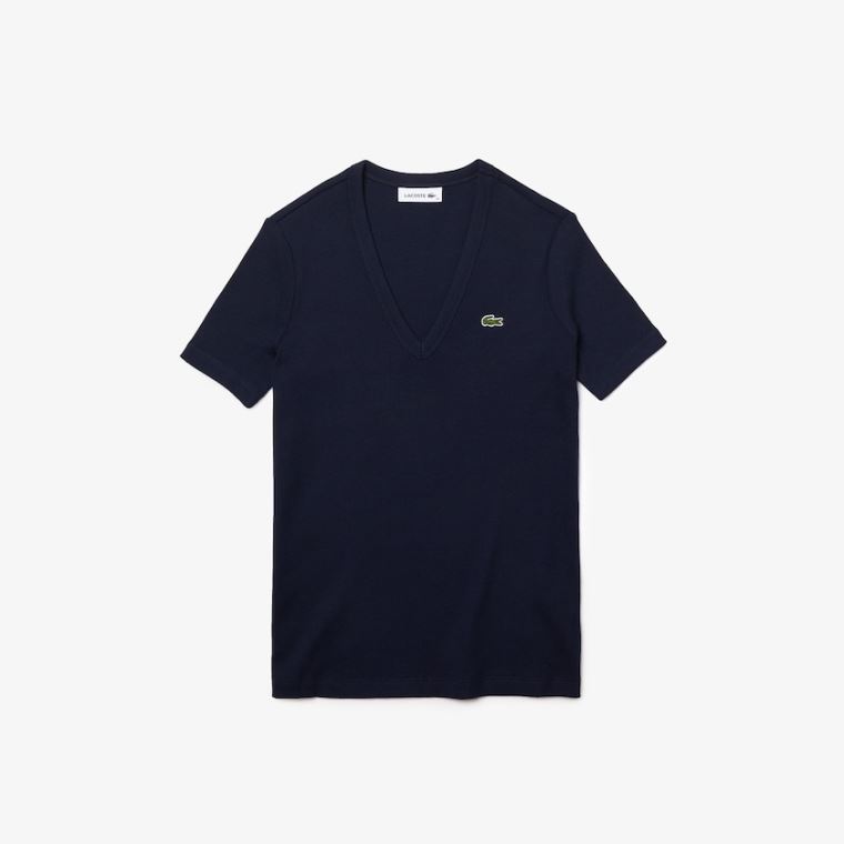 Lacoste Soft Pamuklu V-Neck T-shirt Lacivert Mavi | PxyFaO4u