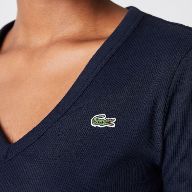 Lacoste Soft Pamuklu V-Neck T-shirt Lacivert Mavi | PxyFaO4u