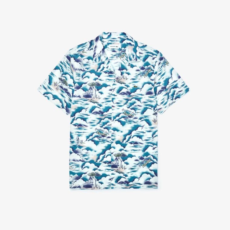 Lacoste Southern France Print Pamuklu Hawaiian Fit Shirt Mavi Açık Pembe Beyaz | 8C0K9BjM