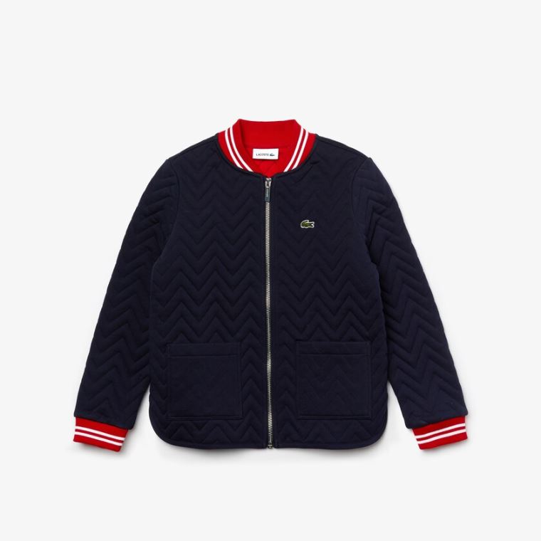 Lacoste Striped Detail Zippered Quilted Pamuklu Teddy Jacket Lacivert Mavi Kırmızı Beyaz | vl5QGeq4