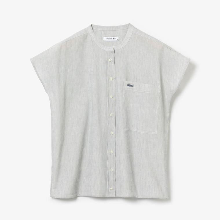 Lacoste Striped Linen And Pamuklu Blend Shirt Beyaz Lacivert Mavi | z1lnUUEo