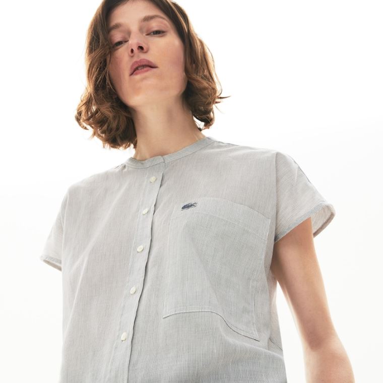 Lacoste Striped Linen And Pamuklu Blend Shirt Beyaz Lacivert Mavi | z1lnUUEo