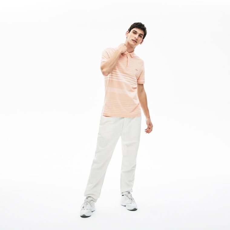 Lacoste Striped Linen And Pamuklu Regular Fit Polo Shirt Açık Pembe Beyaz | 3a2S2MAJ