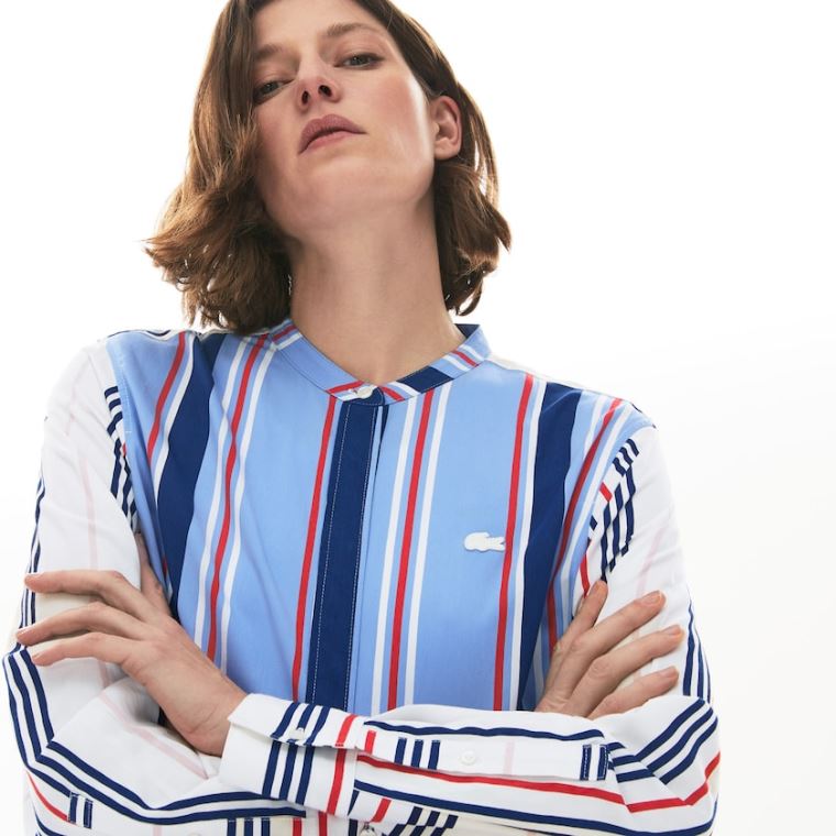 Lacoste Striped Long Flowing Shirt Mor Beyaz Lacivert Mavi Kırmızı | 7x8jJUFO