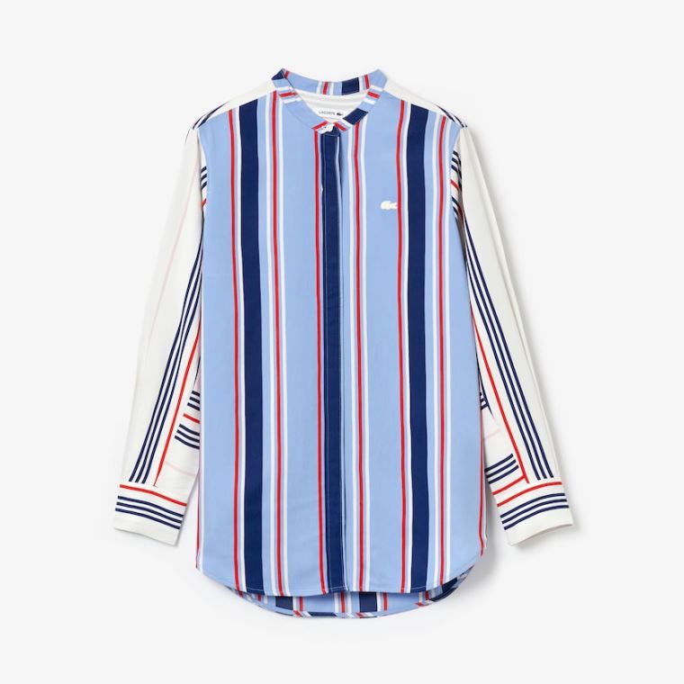 Lacoste Striped Long Flowing Shirt Mor Beyaz Lacivert Mavi Kırmızı | 7x8jJUFO