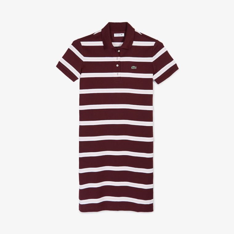 Lacoste Striped Stretch Pamuklu Polo Elbise Koyu Kırmızı Açık Pembe Beyaz | oyImvClI