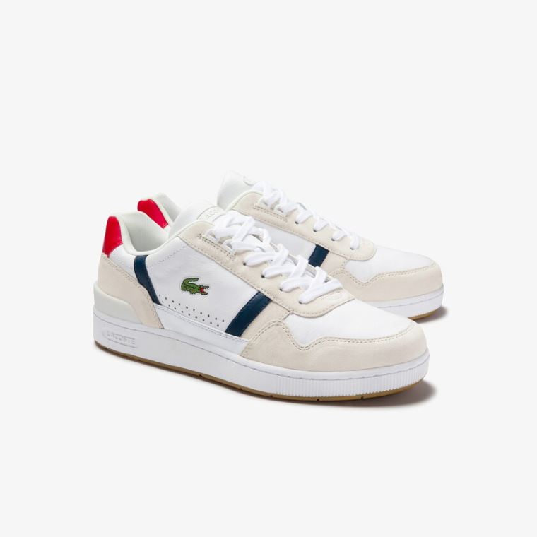 Lacoste T-Clip Tricolour Deri and Süet Sneakers Beyaz Lacivert Kırmızı | 9lLtJ62v