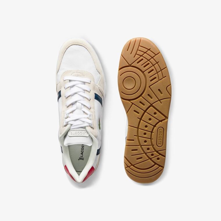 Lacoste T-Clip Tricolour Deri and Süet Sneakers Beyaz Lacivert Kırmızı | 9lLtJ62v