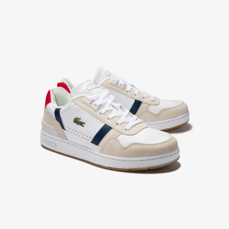 Lacoste T-Clip Tricolour Deri and Süet Sneakers Beyaz Bej Rengi | YYkQlwyz