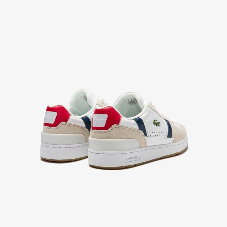 Lacoste T-Clip Tricolour Deri and Süet Sneakers Beyaz Bej Rengi | YYkQlwyz