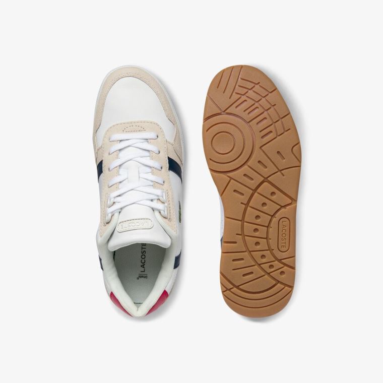 Lacoste T-Clip Tricolour Deri and Süet Sneakers Beyaz Bej Rengi | YYkQlwyz