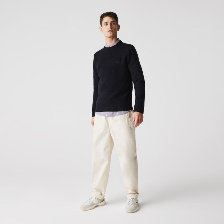 Lacoste Textured Striped Wool-Blend Kazak Lacivert Mavi | EdCjTJOc