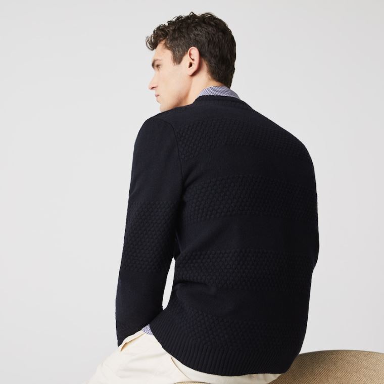 Lacoste Textured Striped Wool-Blend Kazak Lacivert Mavi | EdCjTJOc