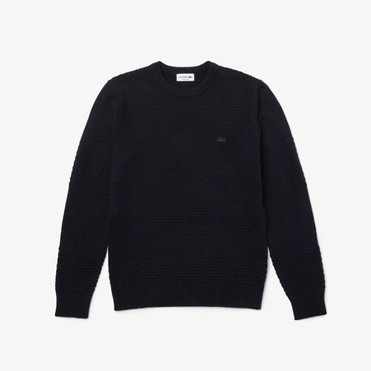 Lacoste Textured Striped Wool-Blend Kazak Lacivert Mavi | EdCjTJOc