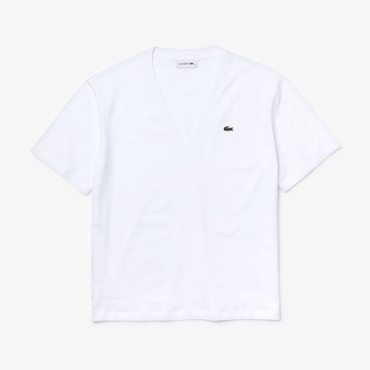 Lacoste V-Neck Premium Pamuklu T-shirt Beyaz | 0OMLqRMM