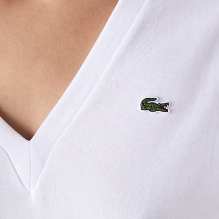 Lacoste V-Neck Premium Pamuklu T-shirt Beyaz | 0OMLqRMM