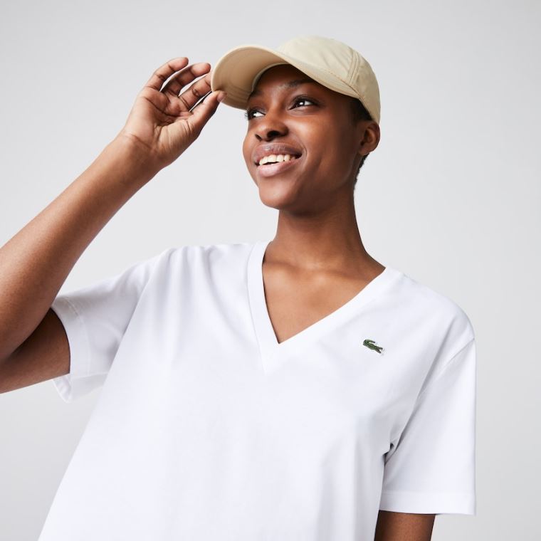 Lacoste V-Neck Premium Pamuklu T-shirt Beyaz | 0OMLqRMM