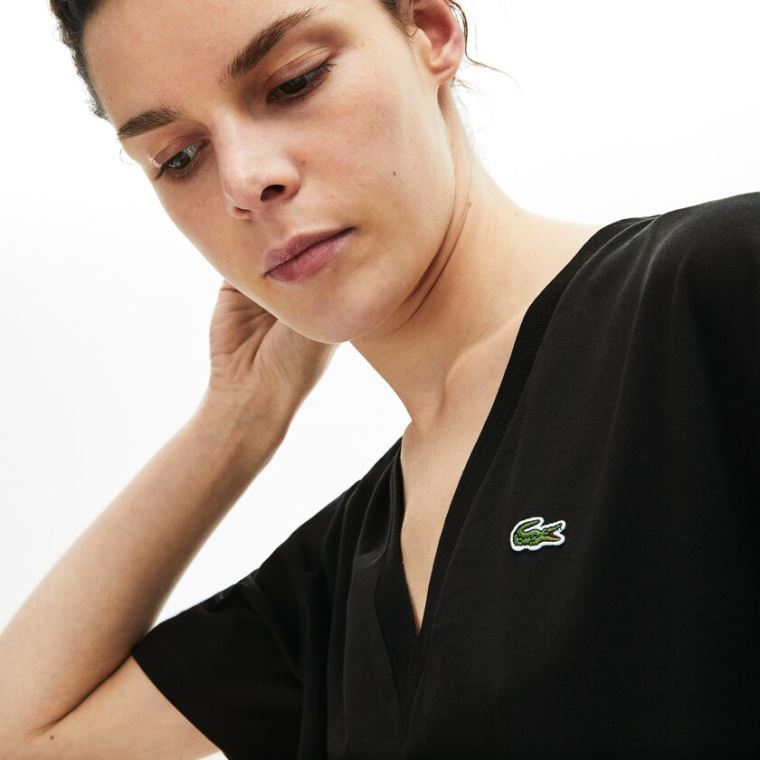 Lacoste V-Neck Premium Pamuklu T-shirt Siyah | JX8ROzTo