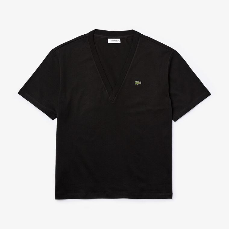 Lacoste V-Neck Premium Pamuklu T-shirt Siyah | JX8ROzTo